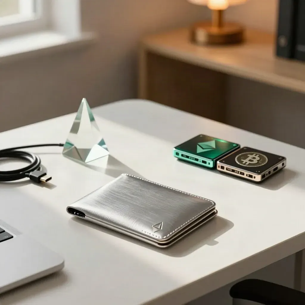 Silver wallet, glass prism, and cable on a white desk in a warm fintech office corner.