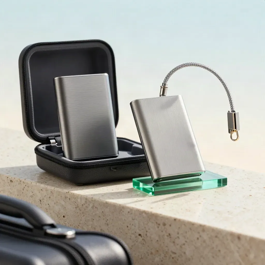 Two hardware wallets and a green spacer in a travel kit, frozen mid-transfer on pale travertine.