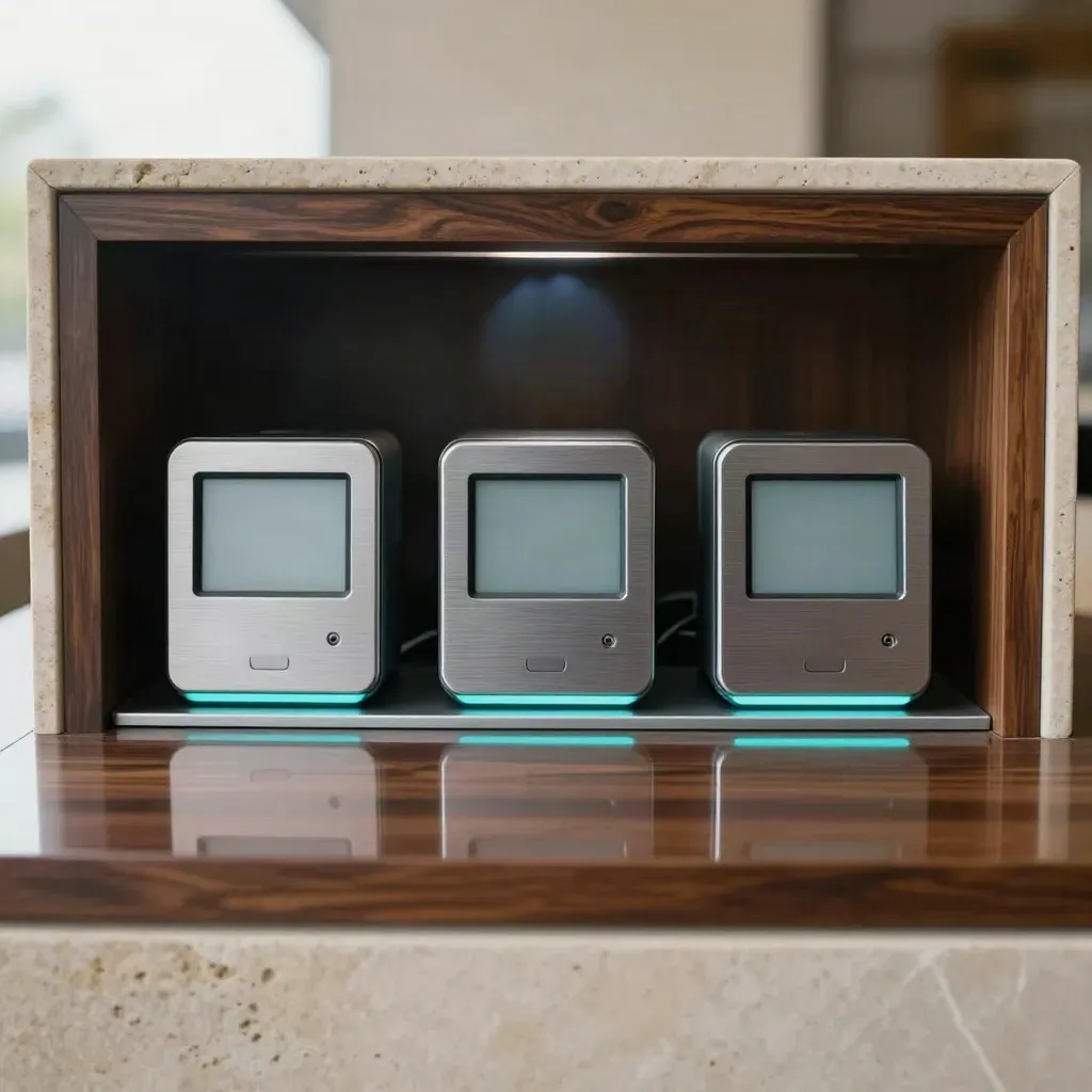 Three crypto wallet modules with cyan status lights on polished stone, shot straight-on and symmetrical.