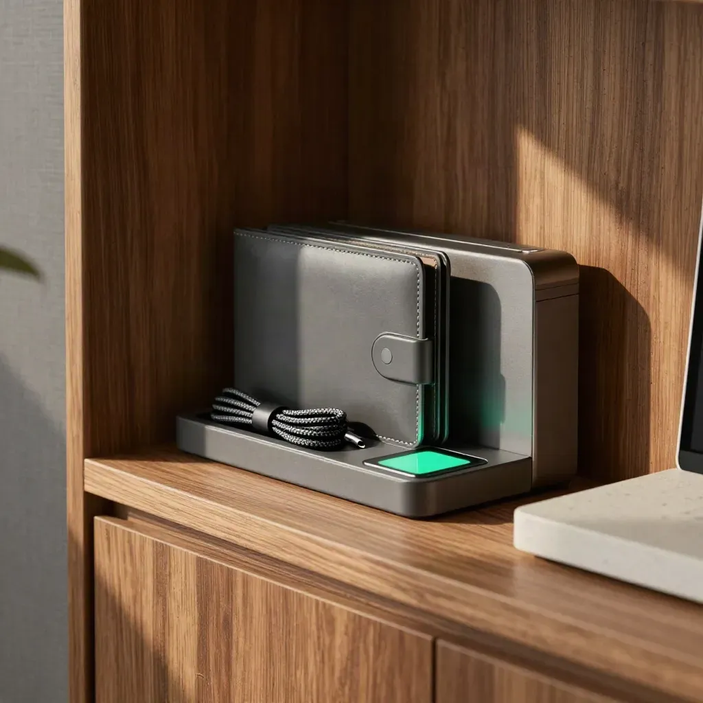 A cozy crypto treasury corner with a wallet dock, coiled lead, and glowing status tile by a window.