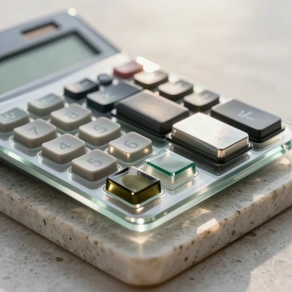 Glass calculator tile, wallet modules and price chips on travertine under cinematic light.