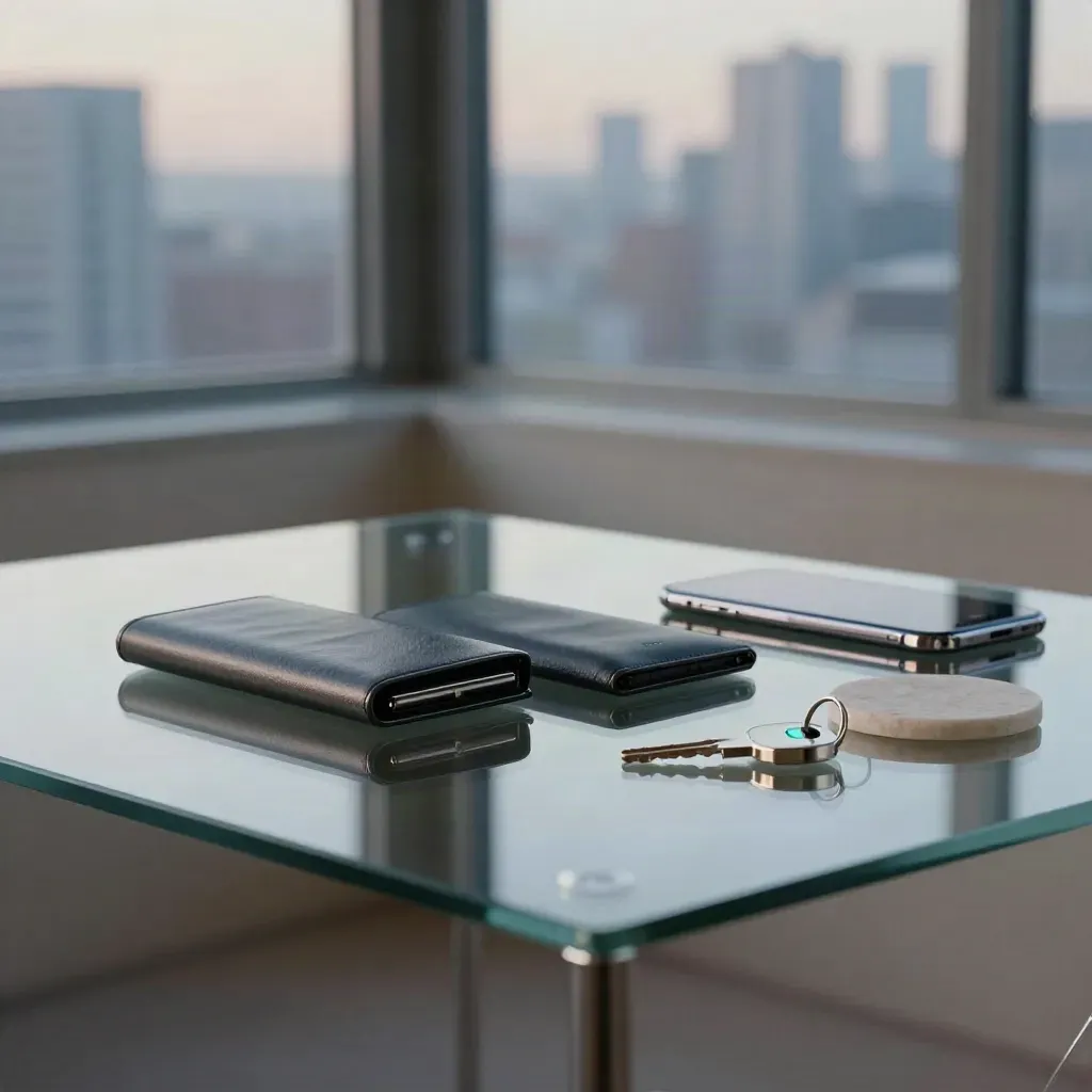 Toronto glass desk with two crypto wallets, a face-down phone, and dawn city blur beyond the window.