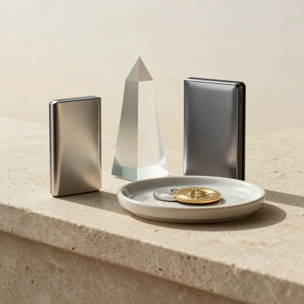 Two hardware wallets, a frosted prism, and a ceramic tray on a sand-toned stone nook.