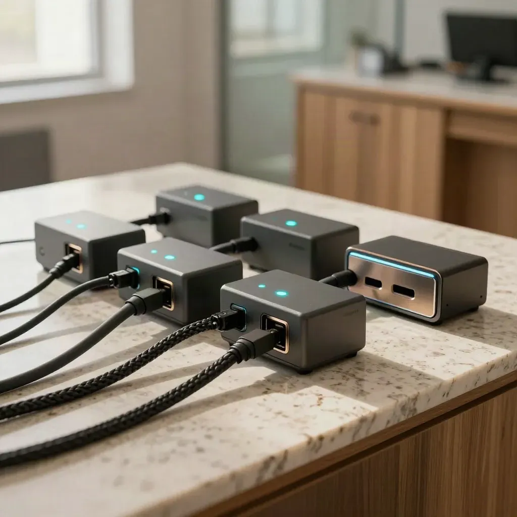 Four crypto wallet docks glow cyan on a travertine control counter in a bright trading room.