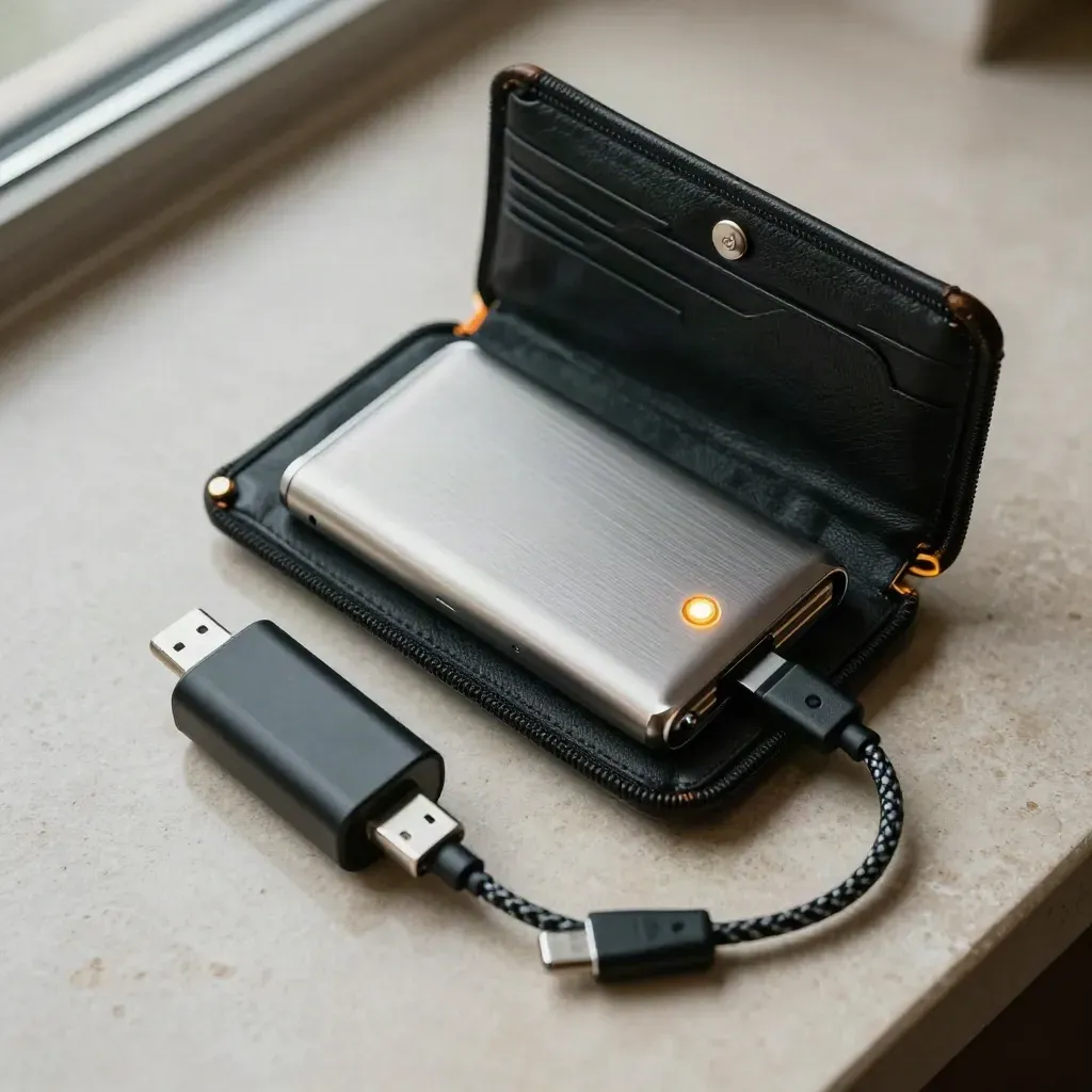 Overhead crypto wallet case, charger, cable, and amber status light on stone.