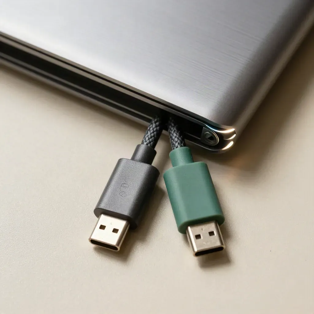Top-down macro of a crypto wallet dock with USB-C cables on a pale workbench.