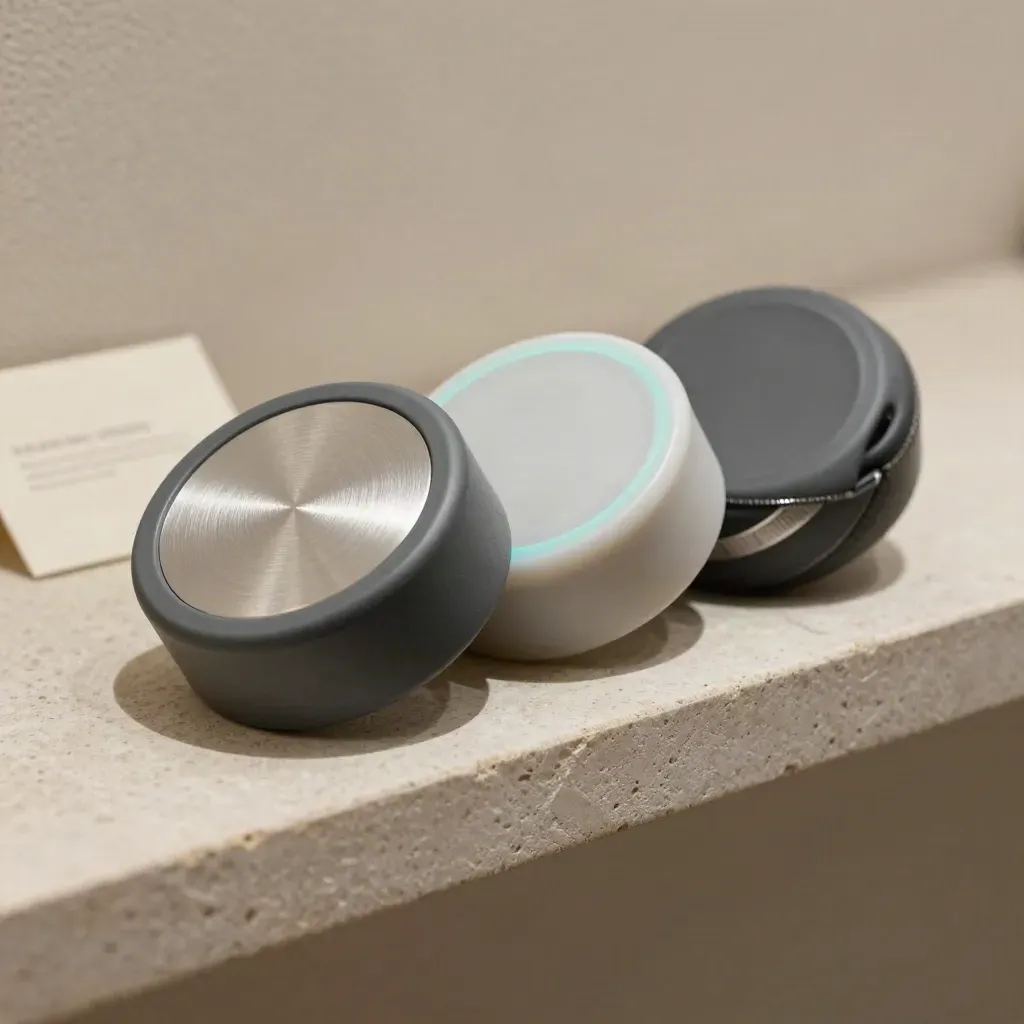 Three crypto selection pucks on a stone shelf with a soft cyan accent, shot overhead.