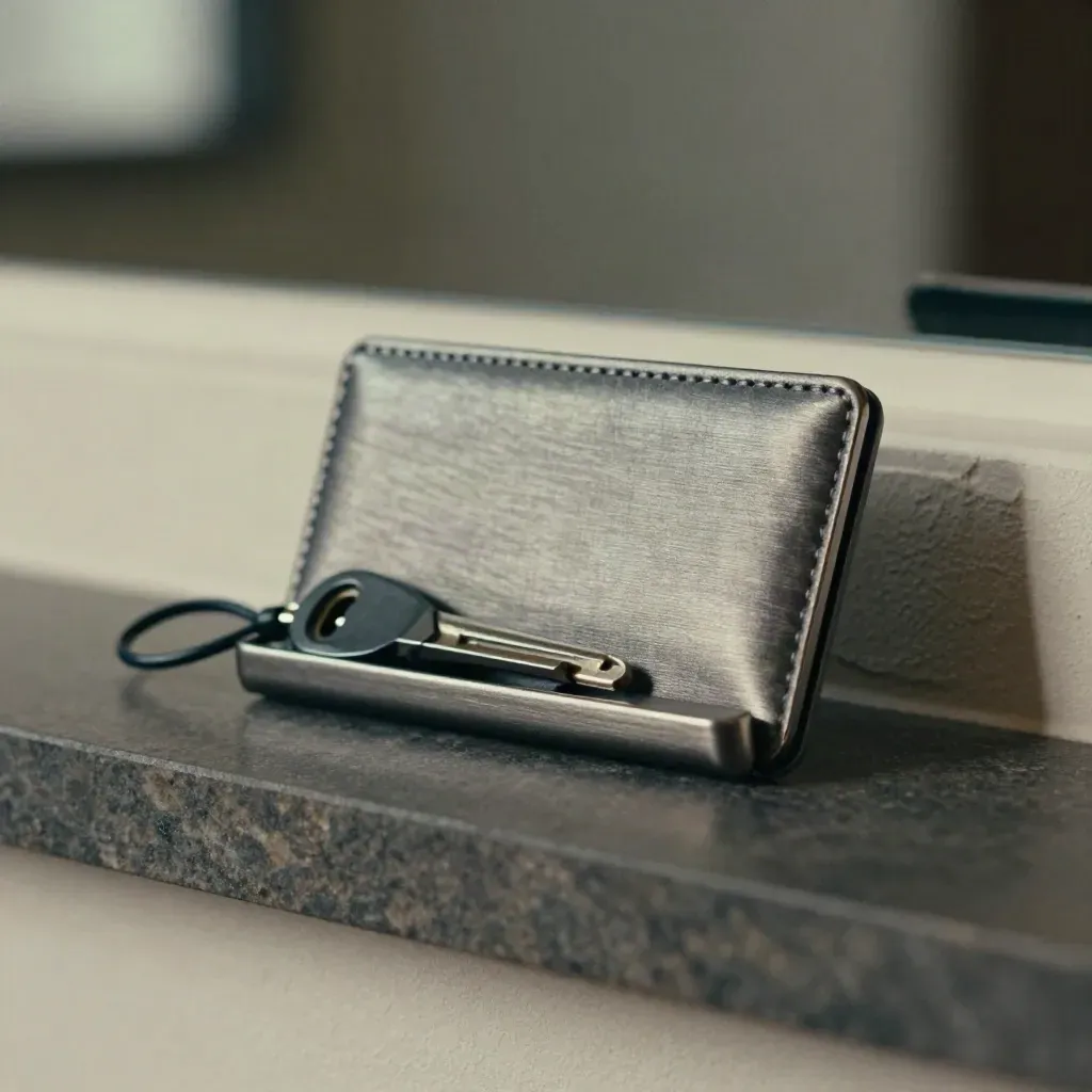 Brushed-metal wallet dock, launch key and cable loop on a dark stone shelf with soft side light.