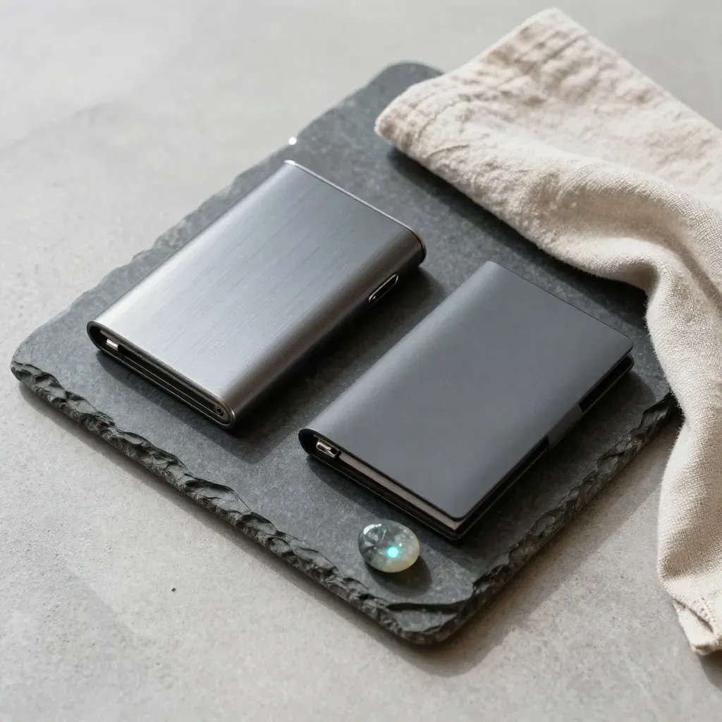 Overhead still life of two crypto wallets and a glowing status stone on a dark tray