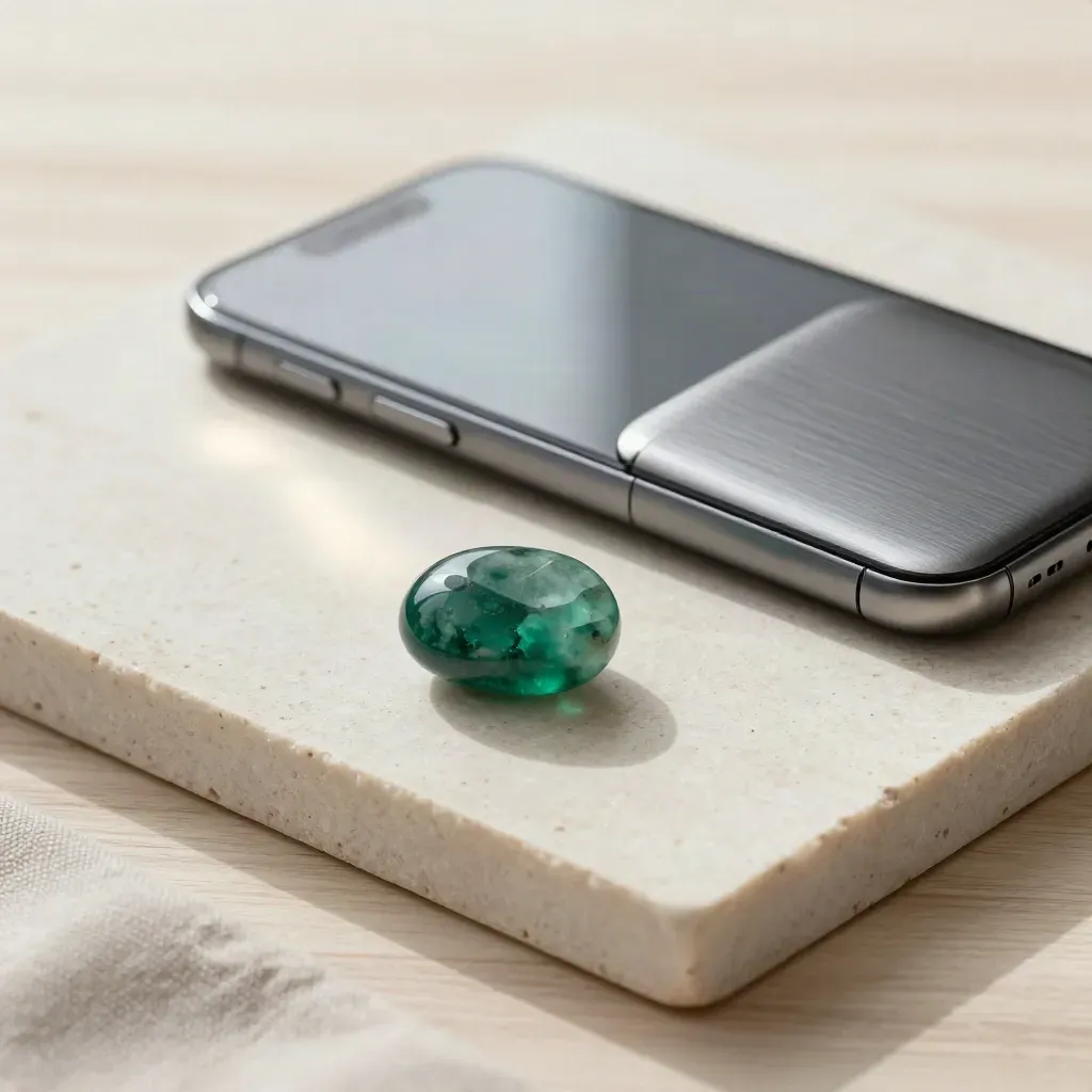Face-down phone, hardware wallet, and glowing status pebble on pale stone slab.