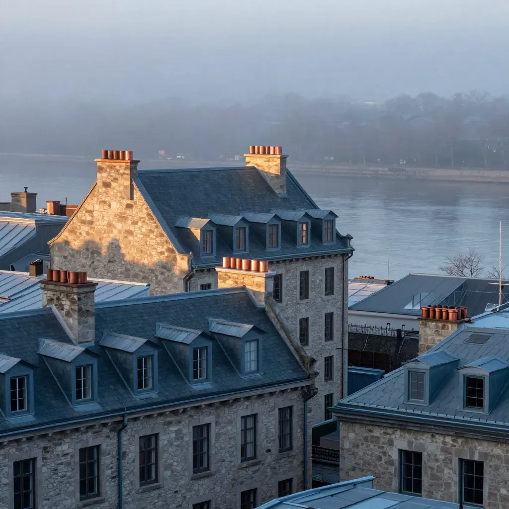 Old Montreal rooftops above foggy river haze at blue hour