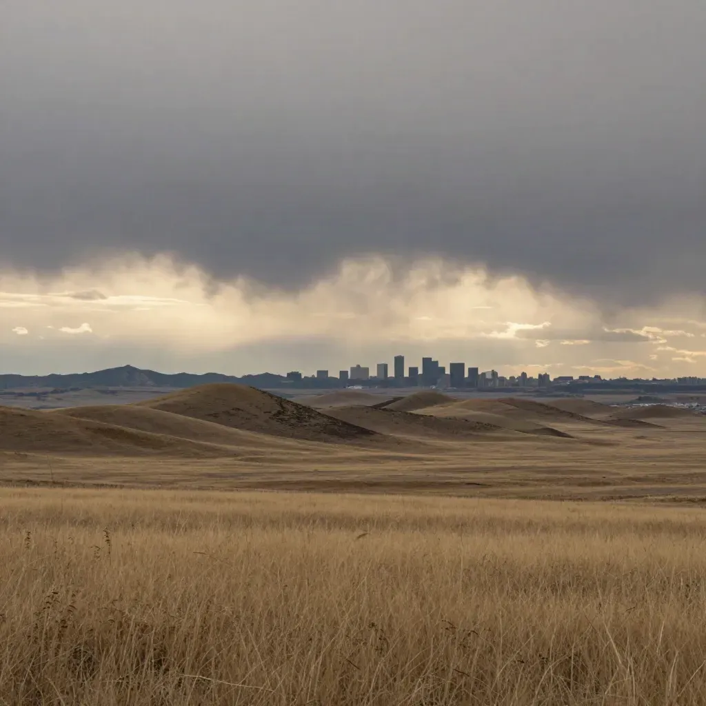 Calgary prairie horizon with foothills and faint skyline under warm chinook light.