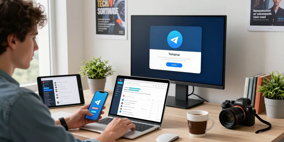 Excited user exploring Telegram Download on a stylish workspace setup with smartphone and laptop.