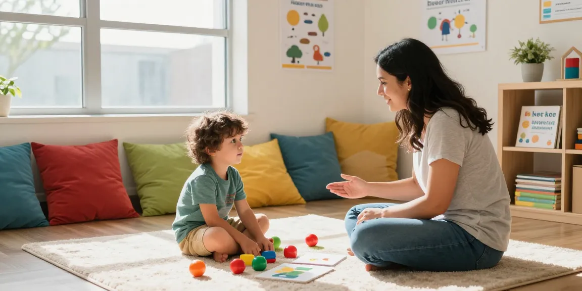 Engaging session illustrating ABA principals with therapist and child in a nurturing therapy room filled with interactive toys.