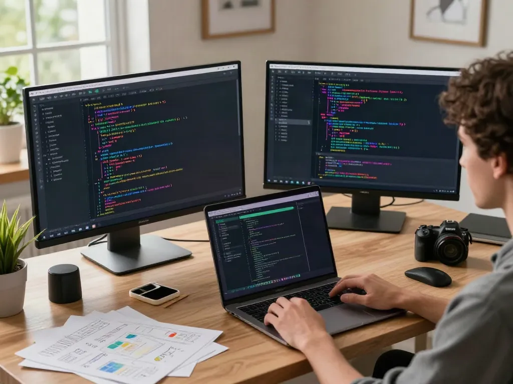 Aero WhatsApp app development scene showcasing a coder and interface design.