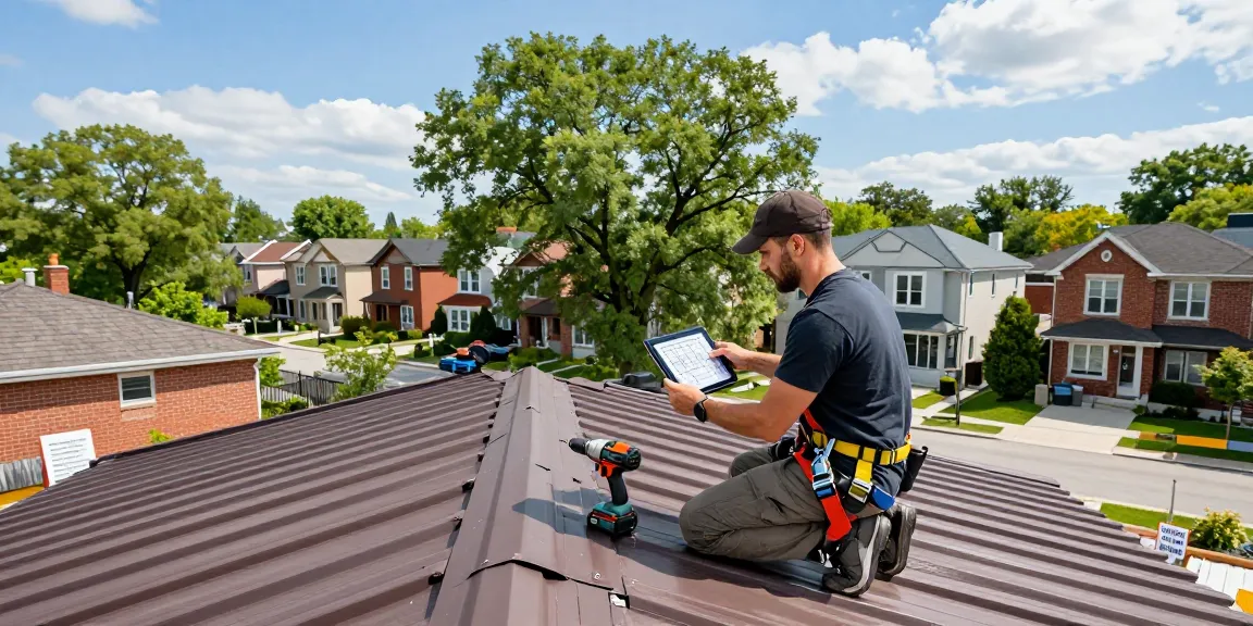 MRoof team member inspecting metal roofing installation in Toronto residential area.
