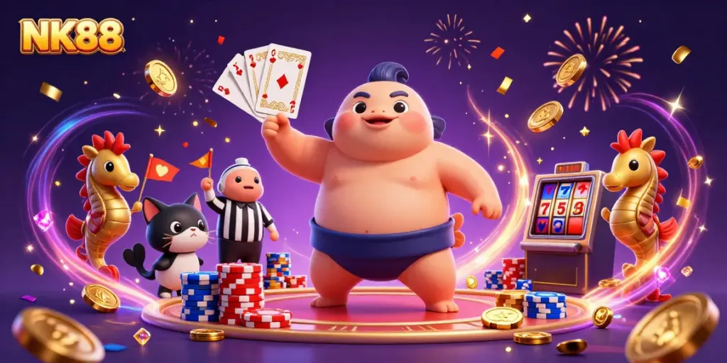 Experience NK88 in a dynamic underwater casino scene with vibrant casino elements.