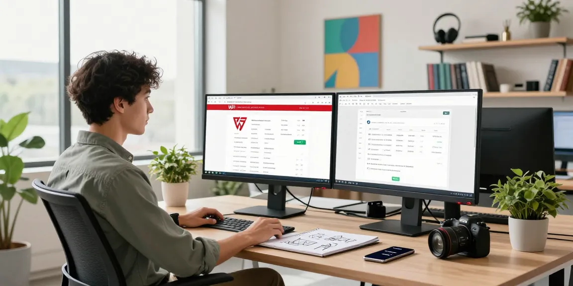 Engaged professional using WPS Official Website on dual monitors in a modern office space.