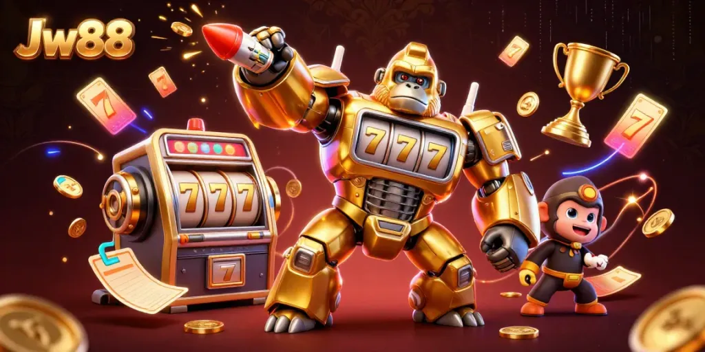 Engaging Jw88 casino experience featuring a robot gorilla mech standing amidst spinning slot reels and shining gold.